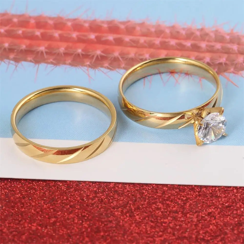 Conjunto Anillos Boda Acero Inoxidable Mujer Oro | Compromiso Lujo