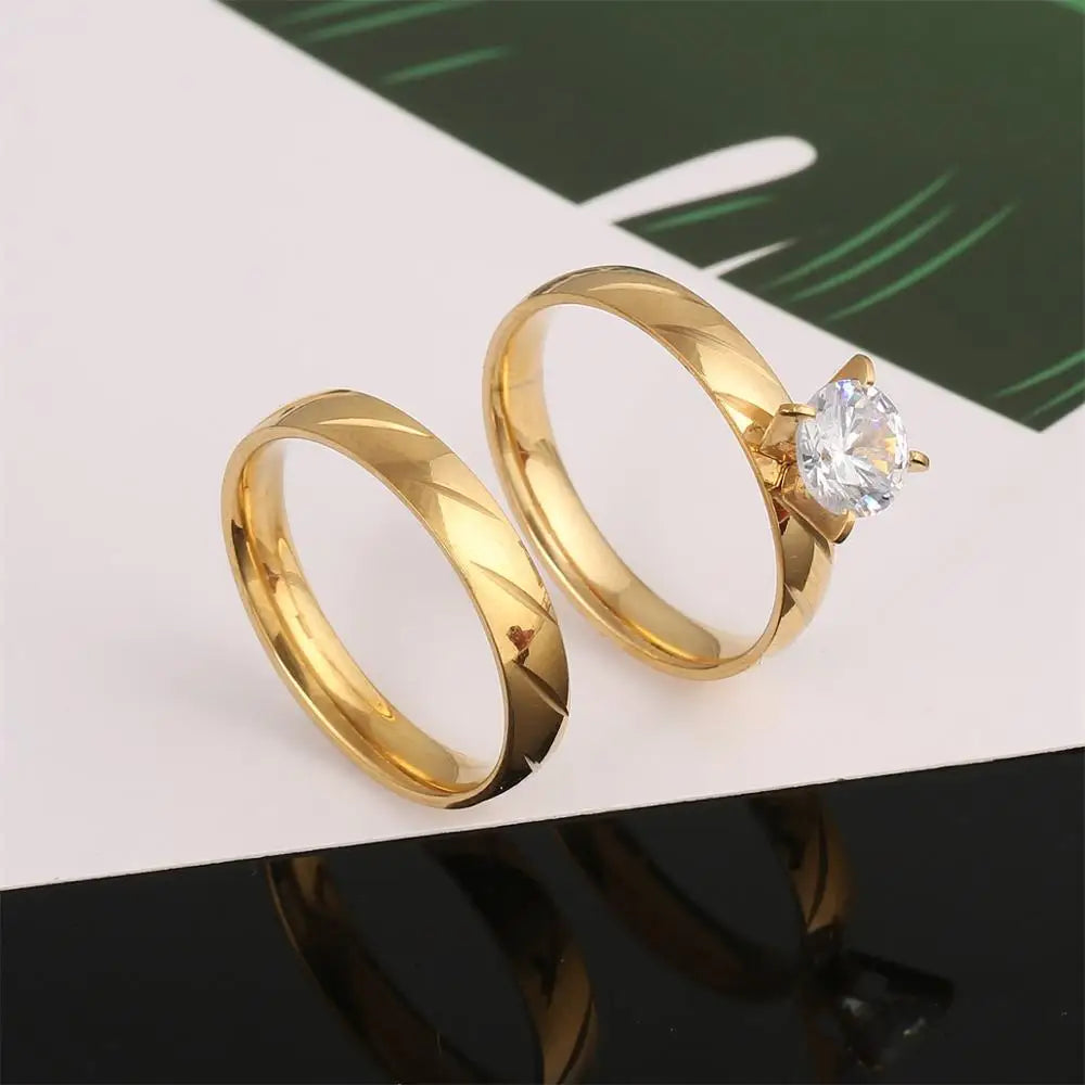 Conjunto Anillos Boda Acero Inoxidable Mujer Oro | Compromiso Lujo