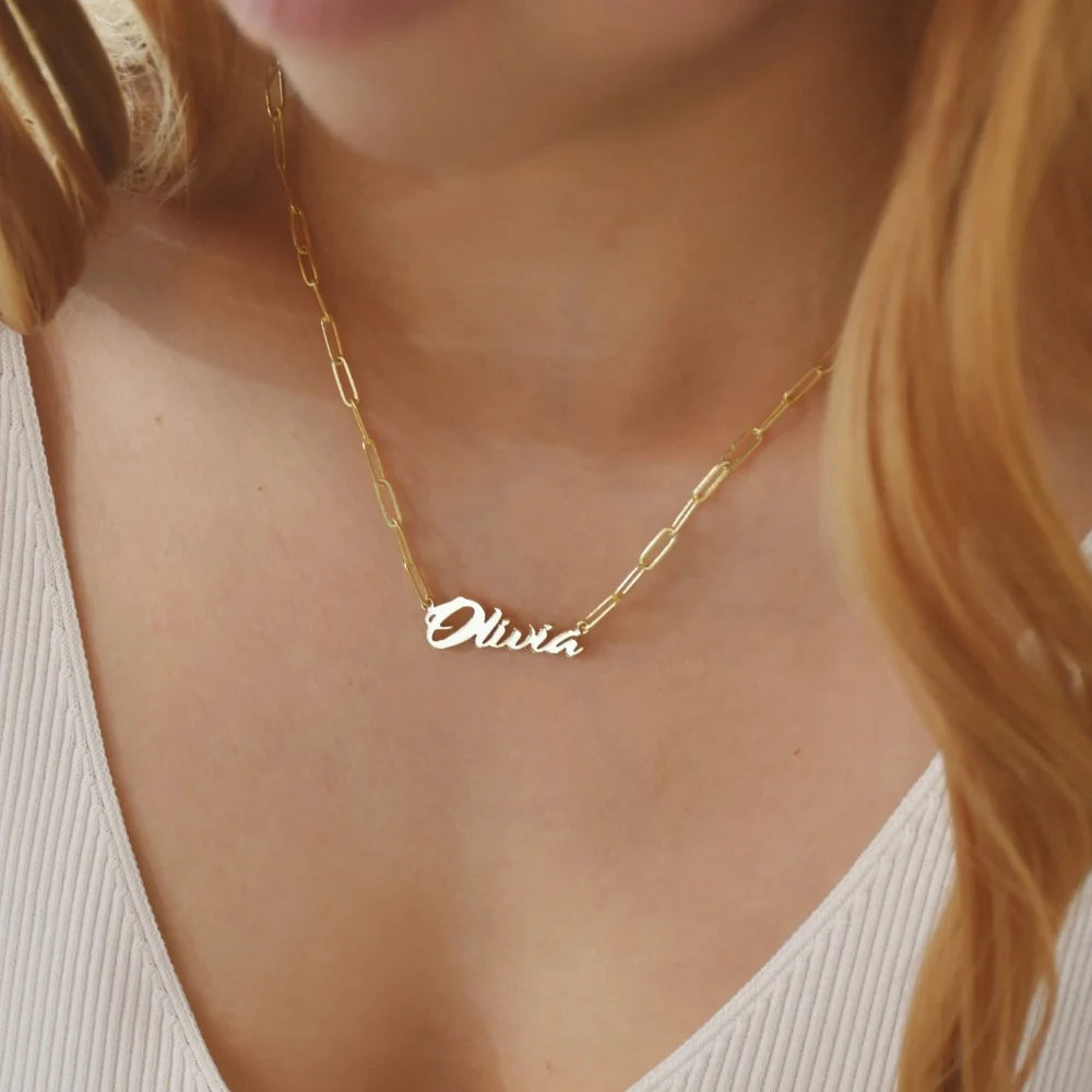 Collar Personalizado Clip Papel Acero Inoxidable Oro 18K | Nombre Unisex