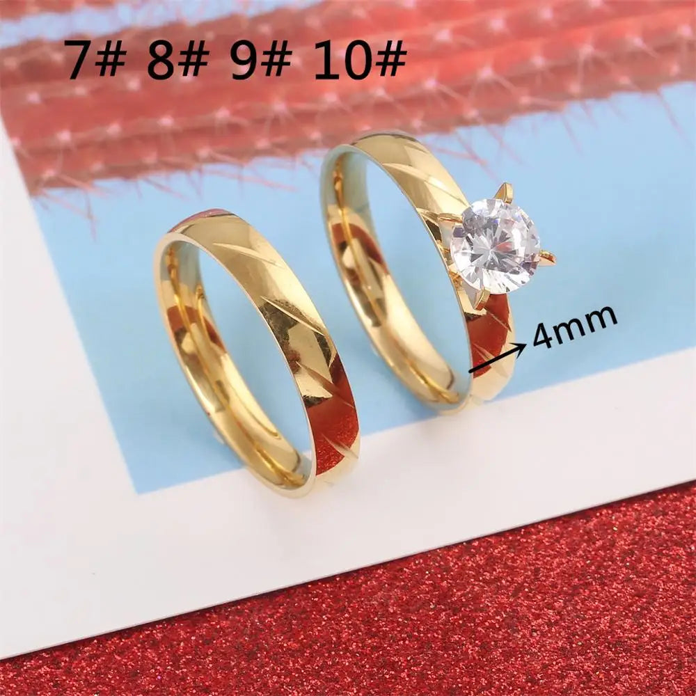 Conjunto Anillos Boda Acero Inoxidable Mujer Oro | Compromiso Lujo