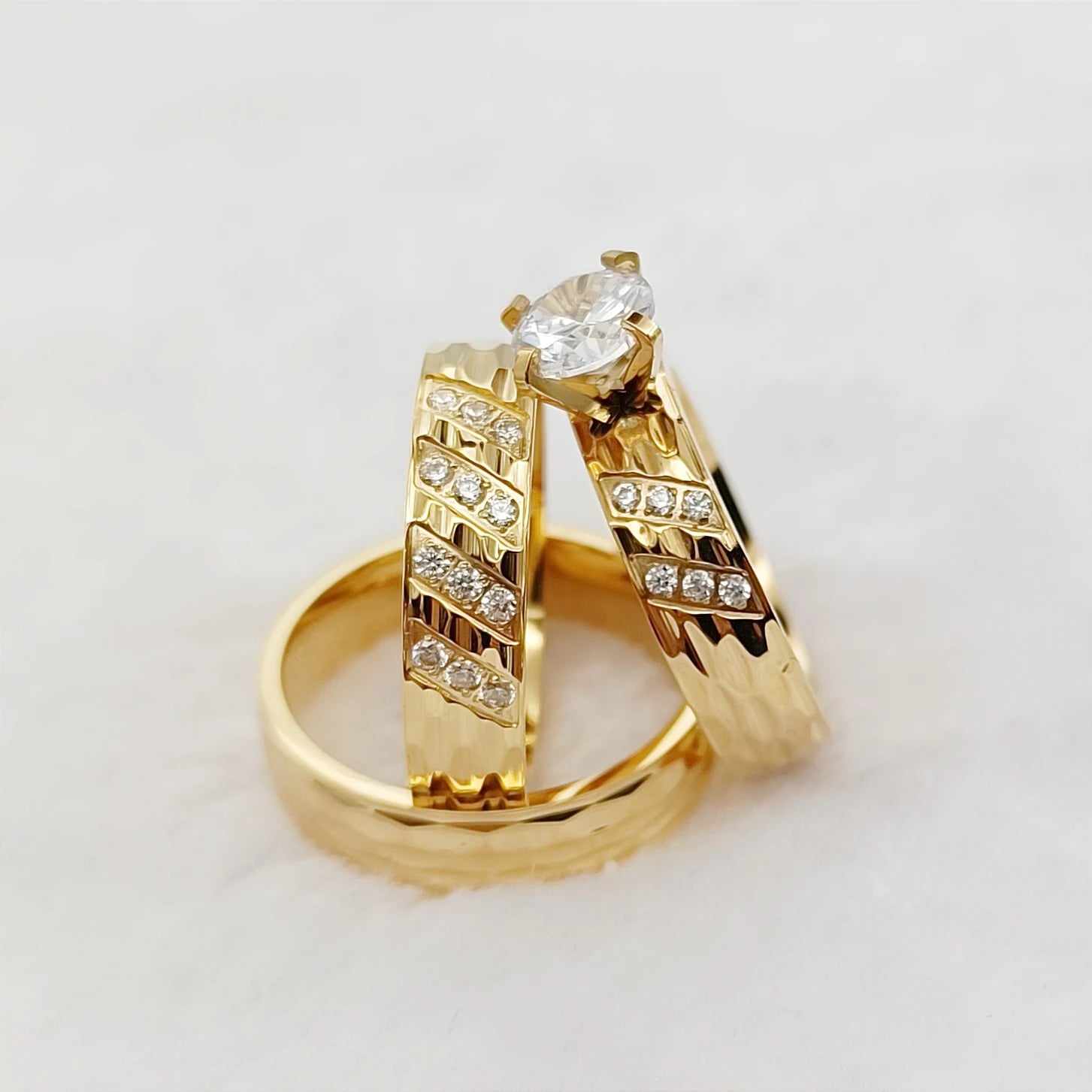 Conjunto 3 Anillos Boda Martillados Oro 24K Pareja | Compromiso Diamantes CZ