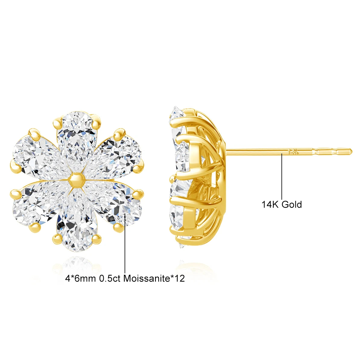 Pendientes Moissanita Corte Lágrima Oro 14K | Flores Lujo Mujer