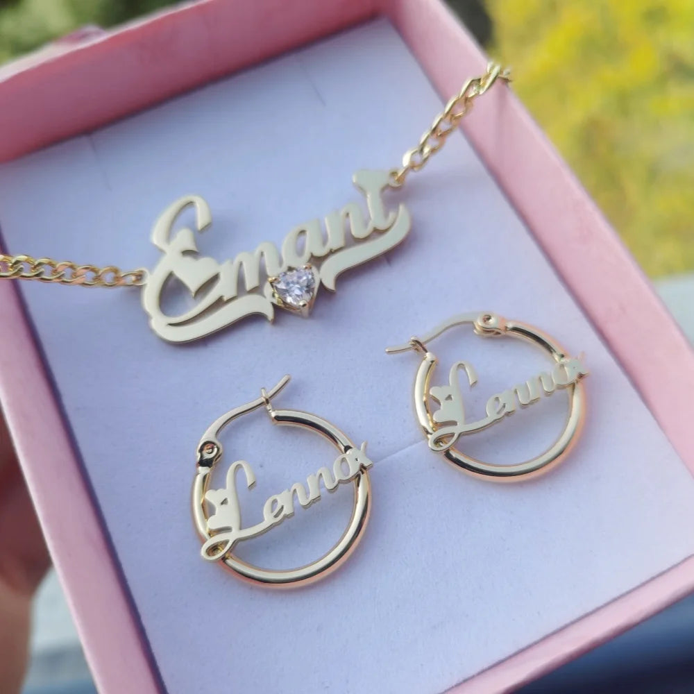 Conjunto Joyería Personalizado Nombre Acero Inoxidable | Collar Pendientes Circonita