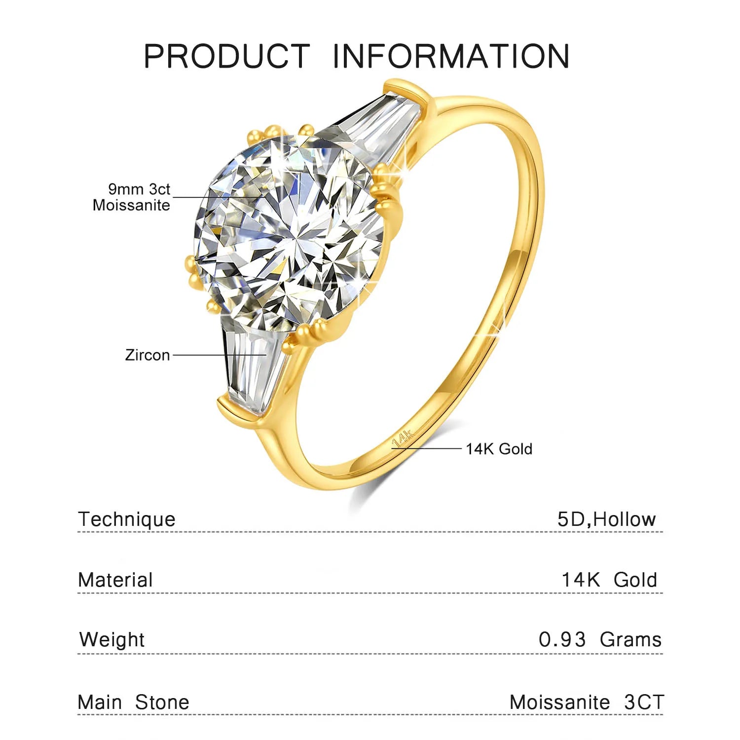 Anillo Moissanita 9mm Oro 14K Mujer | Lujo Atemporal VVS1