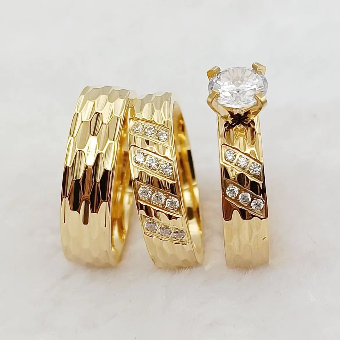 Conjunto 3 Anillos Boda Martillados Oro 24K Pareja | Compromiso Diamantes CZ