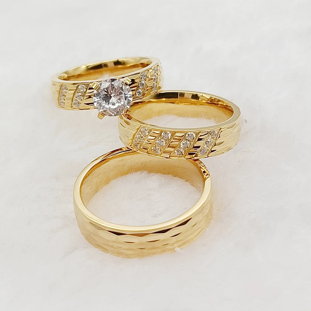 Conjunto 3 Anillos Boda Martillados Oro 24K Pareja | Compromiso Diamantes CZ