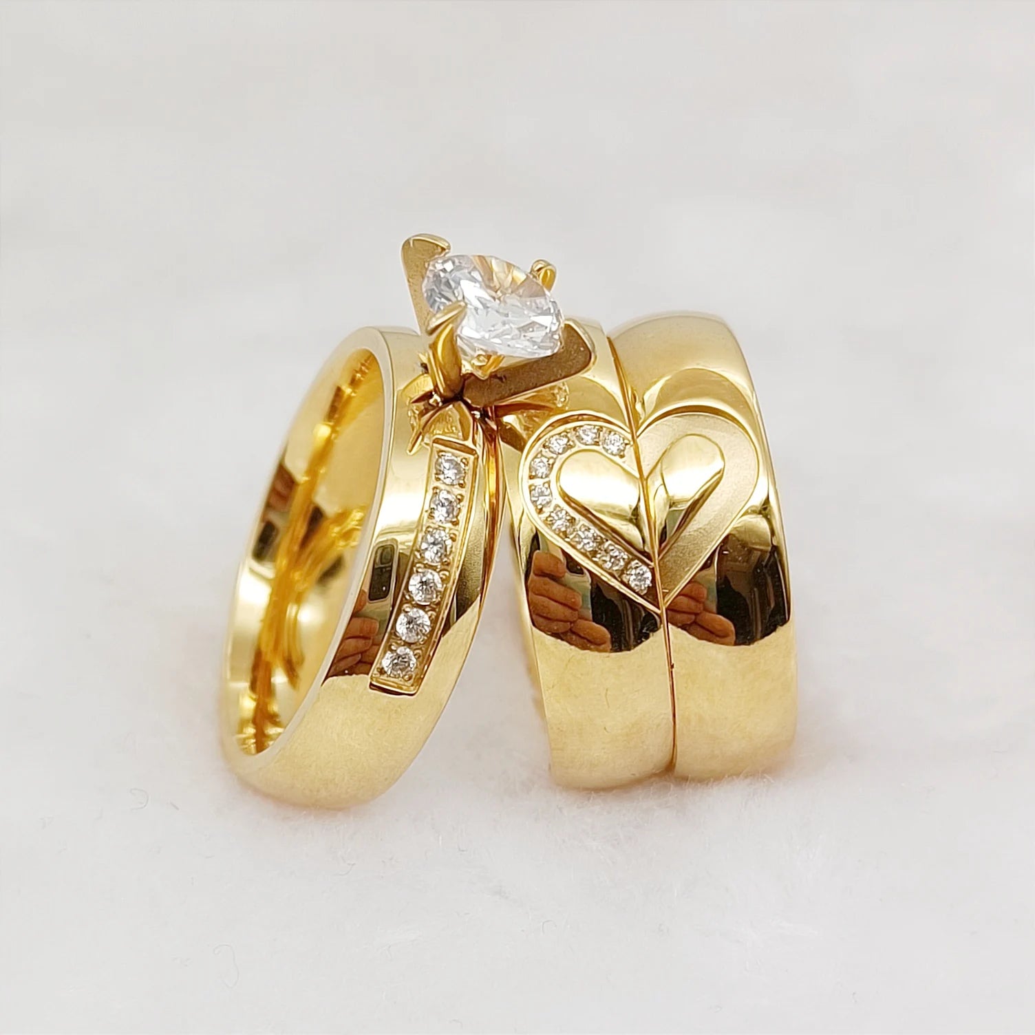 Conjunto 3 Anillos Boda Martillados Oro 24K Pareja | Compromiso Diamantes CZ