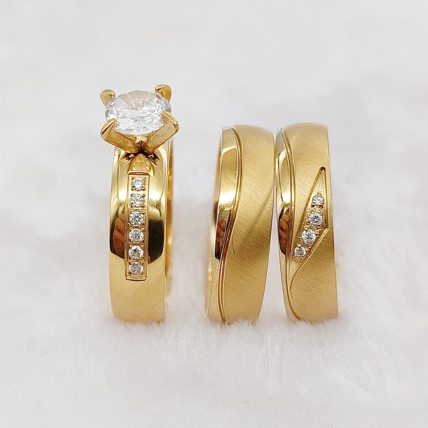 Conjunto 3 Anillos Boda Martillados Oro 24K Pareja | Compromiso Diamantes CZ